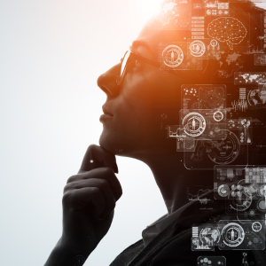 side profile of a woman with a pondering look on her face with ai and computer images imposed over her