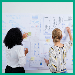 Two women at a whiteboard planning marekting