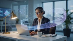 Woman working at desk with computer