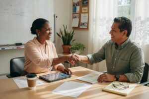 man and woman in office shaking hands