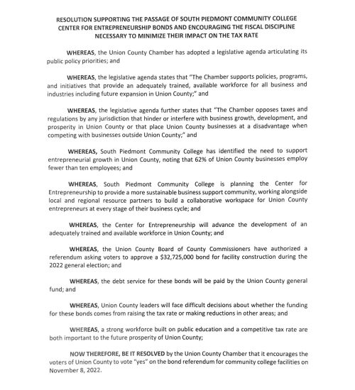 Union County Chamber Resolution Supporting SPCC Bond Referendum