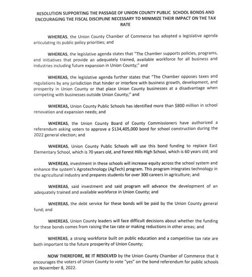 Union County Chamber Resolution Supporting UCPS Bond Referendum
